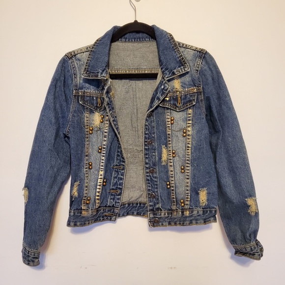 Puppy Mafia sequin jean jacket ripped up w/ studs - Picture 4 of 7